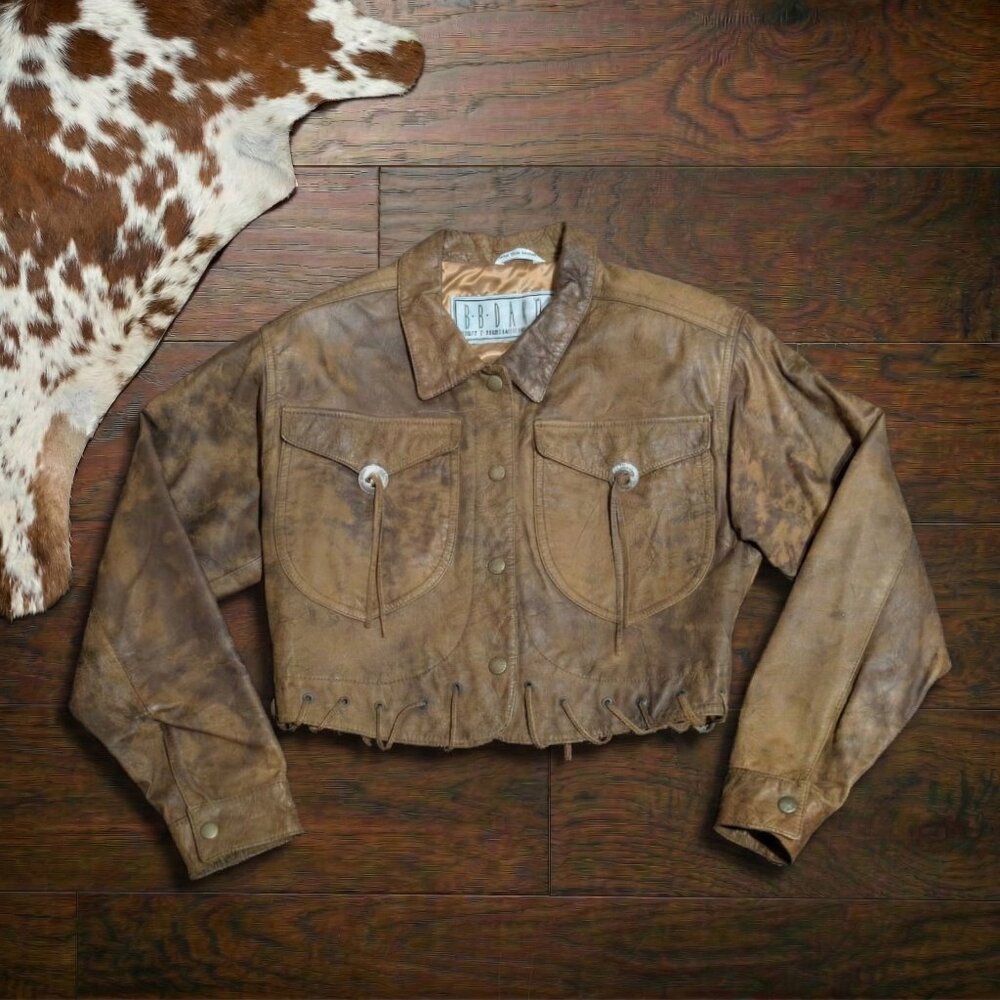*SOLD* Vintage 1980s Cropped Distressed Leather Concho Jacket